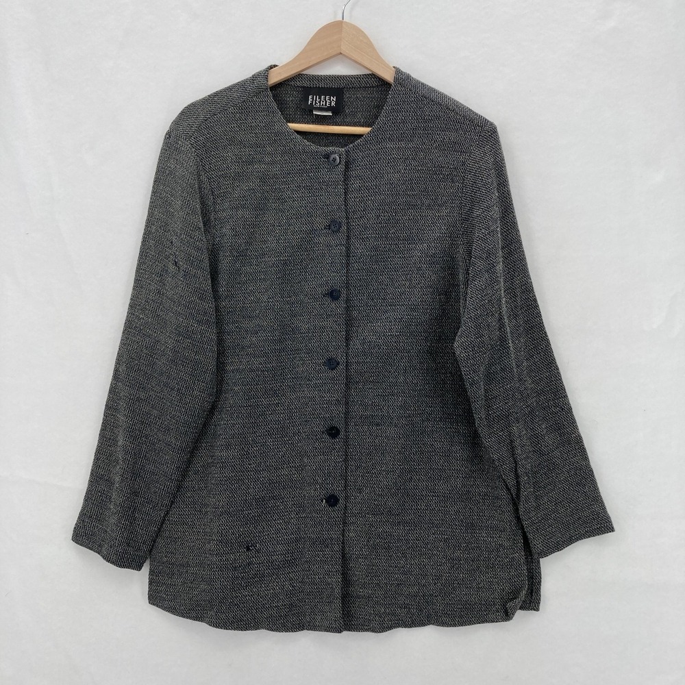 Eileen Fisher Jacket Skirt Set Womens Medium Gray Wool Blend Button Front Travel